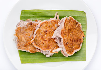 Traditional Thai dessert (Kanom Babin), Grilled mixed flour with young coconut slices as pancake style.