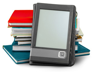 Obraz na płótnie Canvas books and tablet computer isolated on white