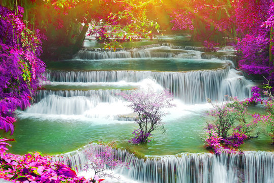 Landscape of Huay Mae Kamin Waterfall, beautiful waterfall in deep forest at Kanchanaburi province, Thailand
