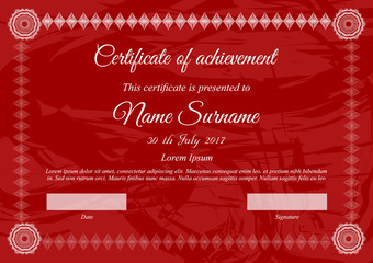 Vector certificate template in red colors with white text