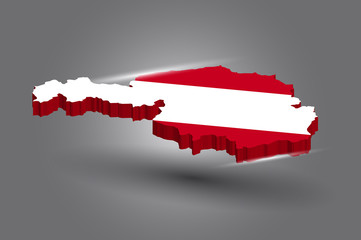 Country shape of Austria - 3D render of country borders filled with colors of Austria flag isolated on white background. Made in Austria concept in the national colors. Austria 3d map with flag.