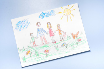Children's drawing and color pencils top view