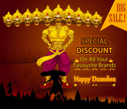 Ten headed Ravana wishing Happy Dussehra festival of India on Sale and Promotion background