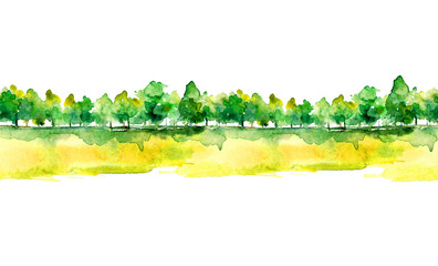 Seamless watercolor pattern. Autumn landscape, forest, park. Silhouettes of trees and bushes. Green and yellow colors. Linear curb.