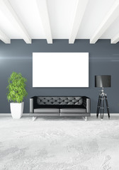 Vertical modern interior bedroom or living room with eclectic wall and empty frame for copyspace drawing. 3D rendering