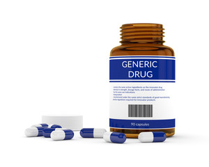 3D render of generic drug pills in bottle