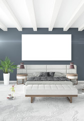 Vertical modern interior bedroom or living room with eclectic wall and empty frame for copyspace drawing. 3D rendering