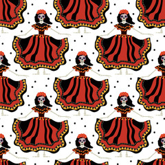 Dia de los muertos Calavera Katrina seamless pattern. Day of the dead with dead girl endless background. Repeating texture. Vector illustration