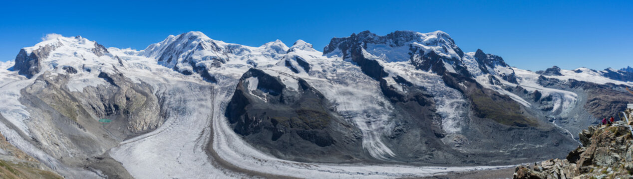 Panorama of Gornergrat Glacier, with Monte Rosa (Dufourspitze), Lyskamm, Breithorn, Swiss Alps, Switzerland 