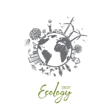 Ecology concept. Hand drawn sustainable ecological environment. Harmony living with nature isolated vector illustration.