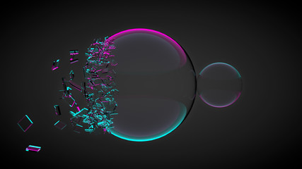 Two balls, one of them broken, with splinters. With purple and blue light. 3D render