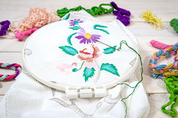 Flowers Embroidery. Sewing accessories. Canvas, hoop, thread mouline. Needlework.