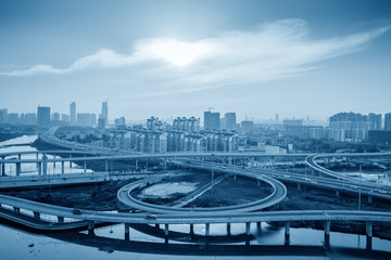 Naklejka premium city highway interchange in shanghai on traffic rush hour