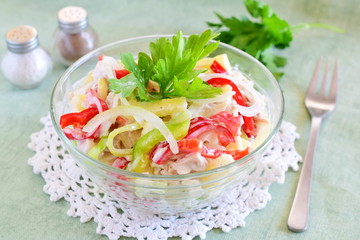 Chicken salad with chicken fillet, paprika, cheese, eggs, onion, served with yogurt. Healthy eating concept. Simple cooking.