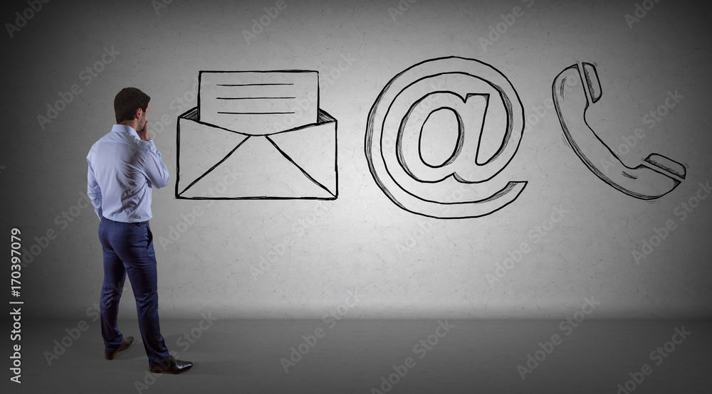 Poster businessman watching e-mail sketch on a wall 3d rendering