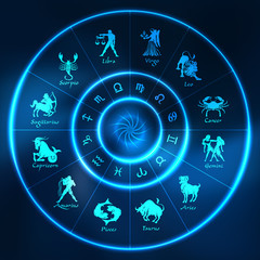 Blue neon horoscope circle.Circle with signs of zodiac.Vector - obrazy, fototapety, plakaty