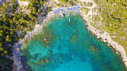 August 2017: Aerial drone photo of famous beach of Ladiko near iconic Anthony Quinn Bay, Rodos island, Aegean, Dodecanese, Greece