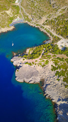 August 2017: Aerial drone photo of famous beach of Ladiko near iconic Anthony Quinn Bay, Rodos island, Aegean, Dodecanese, Greece