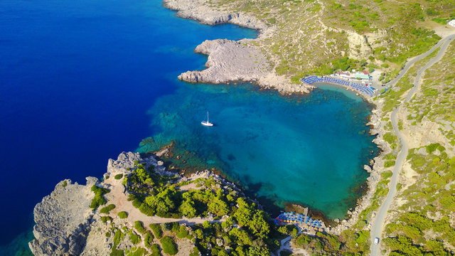 August 2017: Aerial drone photo of famous beach of Ladiko near iconic Anthony Quinn Bay, Rodos island, Aegean, Dodecanese, Greece