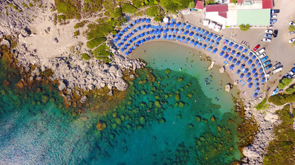August 2017: Aerial drone photo of famous beach of Ladiko near iconic Anthony Quinn Bay, Rodos island, Aegean, Dodecanese, Greece
