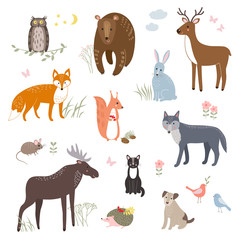 Vector set of cute animals: fox, bear, rabbit, squirrel, wolf, hedgehog, owl, deer, cat, dog, mouse.