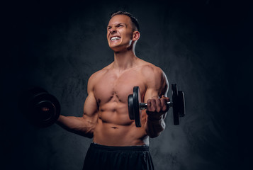 Shirtless male holds a set of dumbbells.
