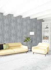 Modern loft interior bedroom or living room with eclectic wall with space. 3D rendering.