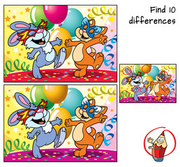 Happy rabbit and cat dancing in masks at the carnival. Find 10 differences. Educational game for children. Cartoon vector illustration