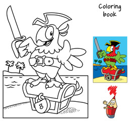 Pirate parrot with a cutlass staying on a treasure chest. Coloring book. Cartoon vector illustration