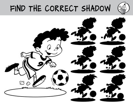 Football player running with the ball. Find the correct shadow. Black and white educational game for children. Cartoon vector illustration
