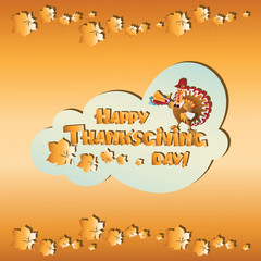 Beautiful, colorful cartoon turkey bird for celebrating Thanksgiving in the cloud. Design for a greeting card, poster or banner.