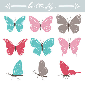 Set of butterflies on white background. Hand lettering. Vector illustration.