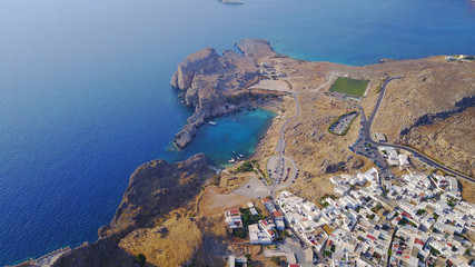 Fototapeta premium Aerial drone photo of famous St.Paul's bay with turquoise waters, Lindos, Rodos island, Aegean, Dodecanese, Greece