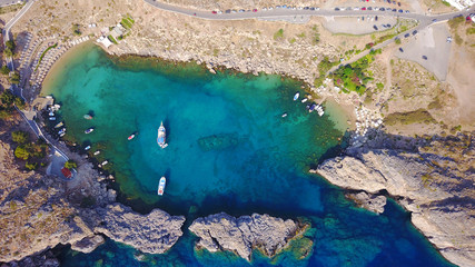  Aerial drone photo of famous St.Paul's bay with turquoise waters, Lindos, Rodos island, Aegean,...