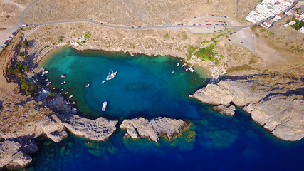  Aerial drone photo of famous St.Paul's bay with turquoise waters, Lindos, Rodos island, Aegean,...