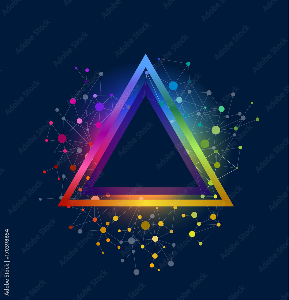 Poster abstract triangle background for text. glowing frame with mesh and colored dots on dark blue backdro
