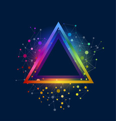 Abstract triangle background for text. Glowing frame with mesh and colored dots on dark blue backdrop. Eps10 vector