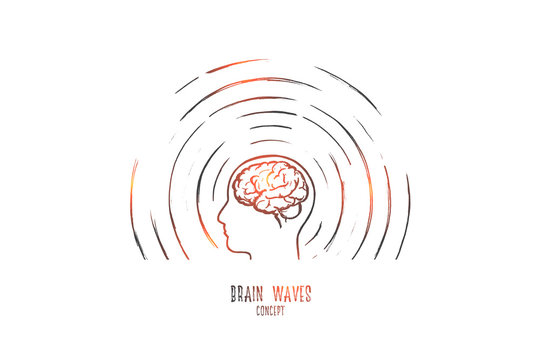 Brain waves concept. Hand drawn human head radiating waves. Brain study isolated vector illustration.