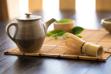 Set of matcha powder bowl wooden spoon and whisk green tea leaf Organic Green Matcha Tea ceremony