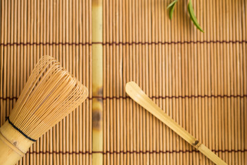 Set of matcha powder bowl wooden spoon and whisk green tea leaf Organic Green Matcha Tea ceremony