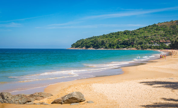 Blue sky and calm sea on Naithon Noi beach in Phuket Thailand