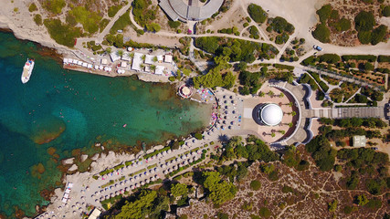 August 2017: Aerial drone photo of famous public spirngs of Kalithea in a fully restored state, Rodos island, Aegean, Dodecanese, Greece