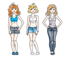 Attractive young women group standing wearing fashionable casual clothes. Vector people illustrations set. Slim female with perfect body. Fashion and lifestyle theme cartoons.