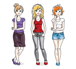 Happy cute young adult girls standing wearing fashionable casual clothes. Vector diversity people illustrations set. Fashion and lifestyle theme cartoons.