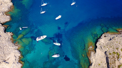 August 2017: Aerial drone photo of famous public spirngs of Kalithea in a fully restored state, Rodos island, Aegean, Dodecanese, Greece
