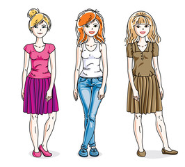 Attractive young adult girls female group standing wearing fashionable casual clothes. Vector set of beautiful people illustrations. Fashion and lifestyle theme cartoons.
