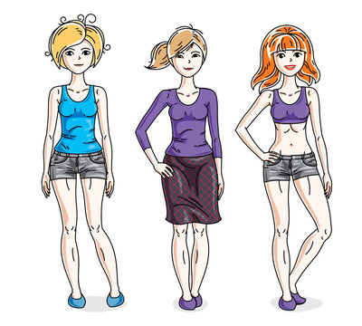 Attractive young adult girls standing wearing casual clothes. Vector people illustrations set.