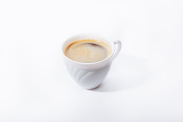 A cup of coffee on a white background.