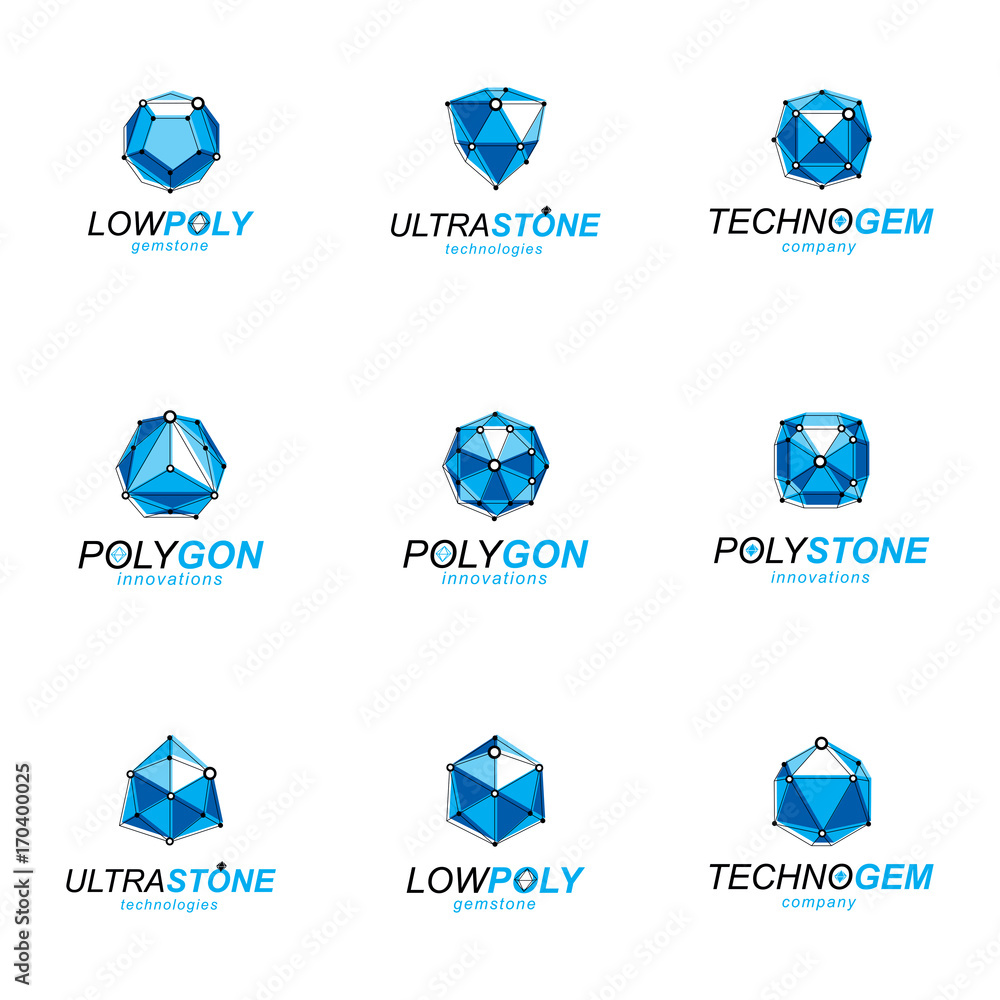 Poster set of abstract 3d faceted figures with connected lines. vector low poly design elements collection.