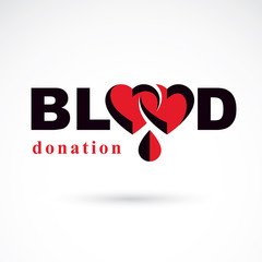 Blood donation metaphor, heart shape and blood drops. Medical theme vector graphic symbol.